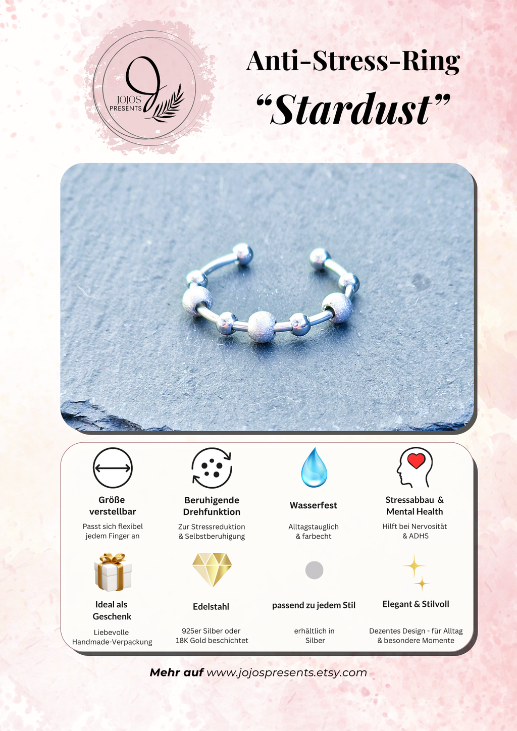 Anti-Stress-Ring Stardust – silberner Spinner Ring mit drehbaren Kugeln