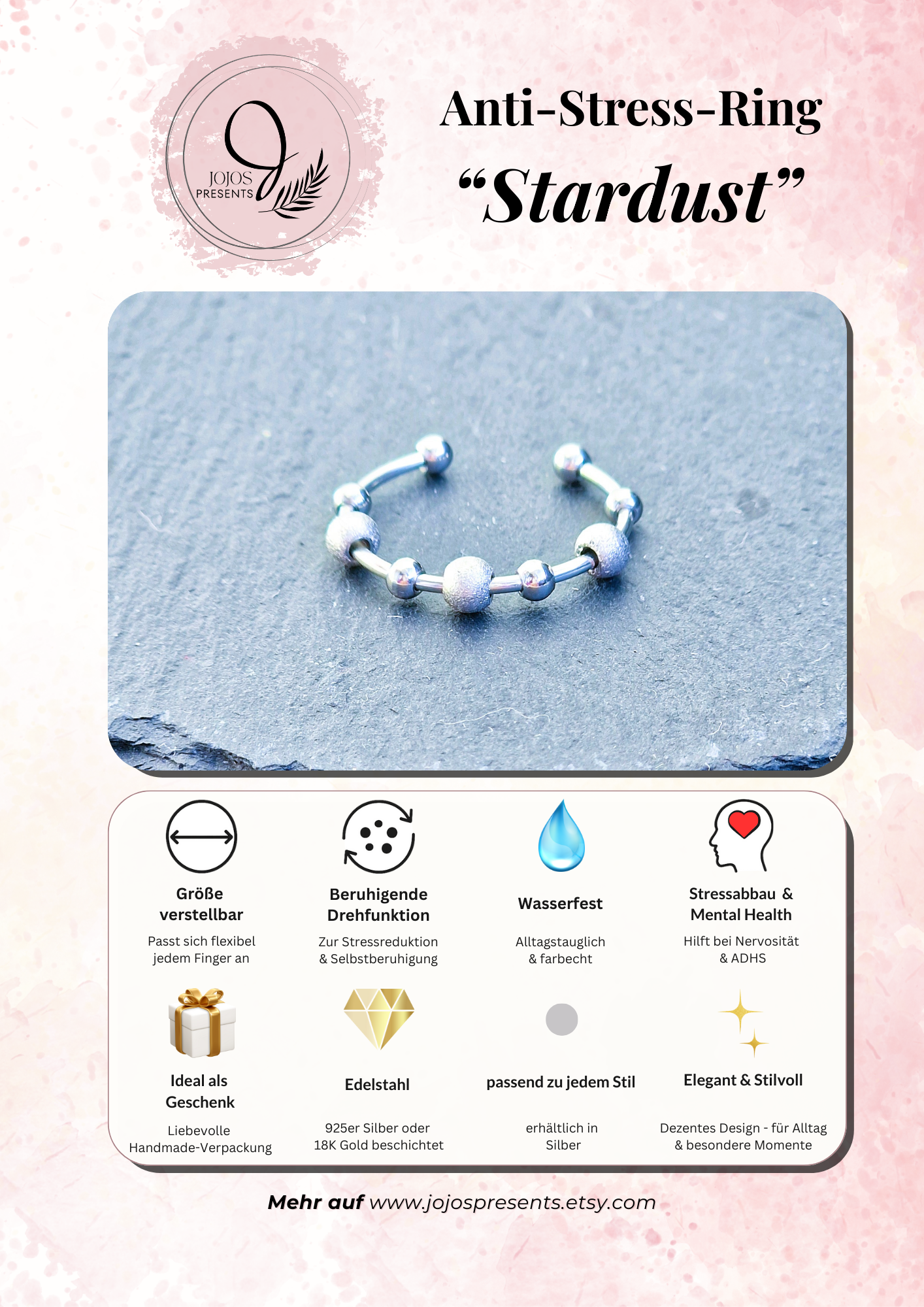 Anti-Stress-Ring Stardust – silberner Spinner Ring mit drehbaren Kugeln
