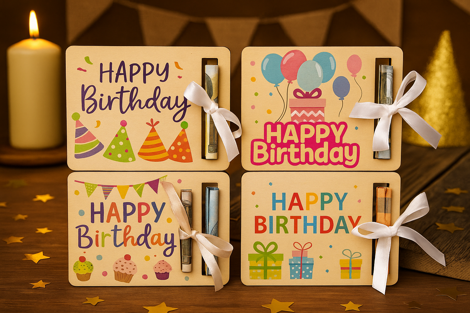 Happy Birthday Geldgeschenk aus Holz – Bunte Geburtstagskarte mit Geldscheinhalter | Kreative Geschenkidee zum Geburtstag