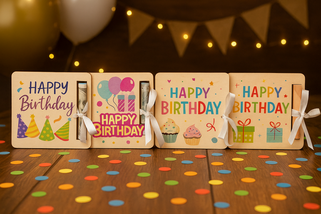 Happy Birthday Geldgeschenk aus Holz – Bunte Geburtstagskarte mit Geldscheinhalter | Kreative Geschenkidee zum Geburtstag