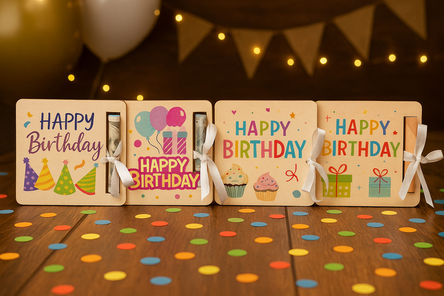 Happy Birthday Geldgeschenk aus Holz – Bunte Geburtstagskarte mit Geldscheinhalter | Kreative Geschenkidee zum Geburtstag