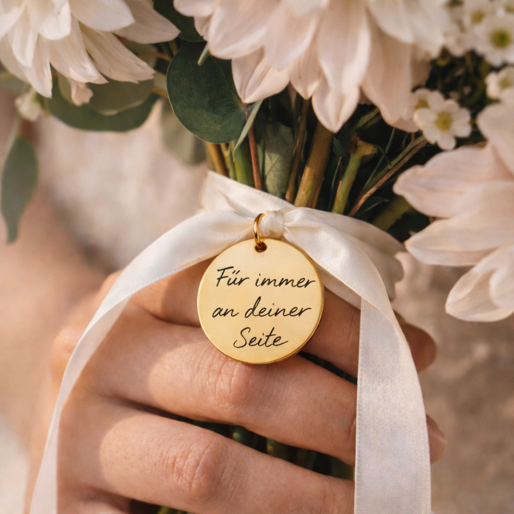 Bouquet Charm mit Handschrift – personalisiert für Brautstrauß | Rund 22 mm | Silber/Gold/Roségold