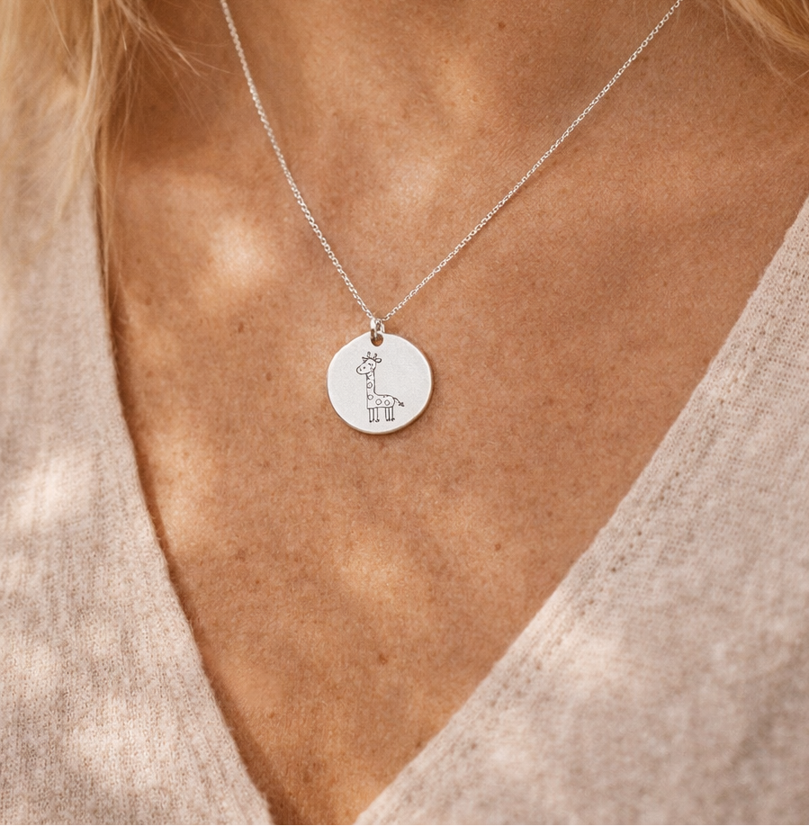 Kinderzeichnung Gravur Kette personalisiert – Rund 22 mm Edelstahl beschichtet (Silber/Gold/Roségold) | Geschenk