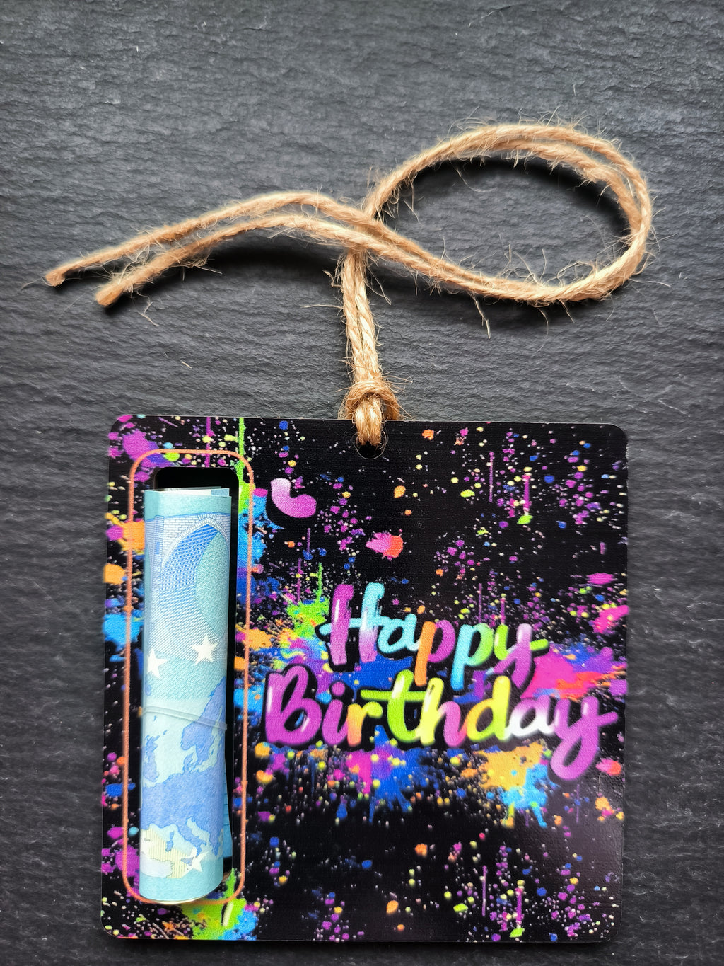 Geldgeschenk Happy Birthday aus Holz | Bunter Geschenkanhänger mit Geldscheinfach | Kreative Geburtstag Geschenkidee | Gutscheinhalter Geburtstag