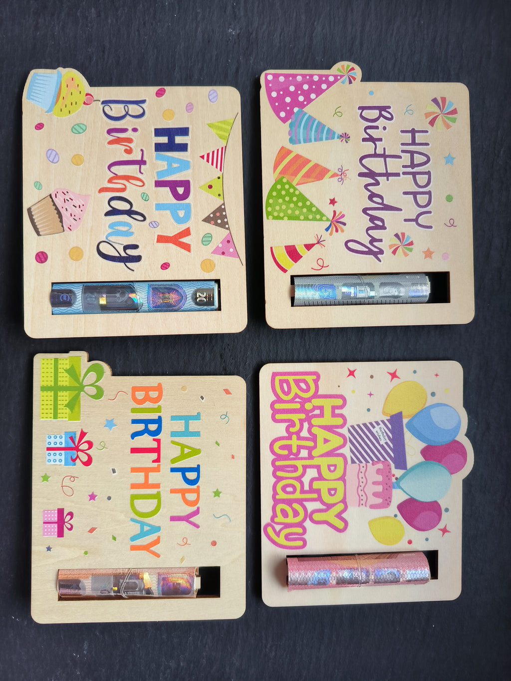 Happy Birthday Geldgeschenk aus Holz – Bunte Geburtstagskarte mit Geldscheinhalter | Kreative Geschenkidee zum Geburtstag