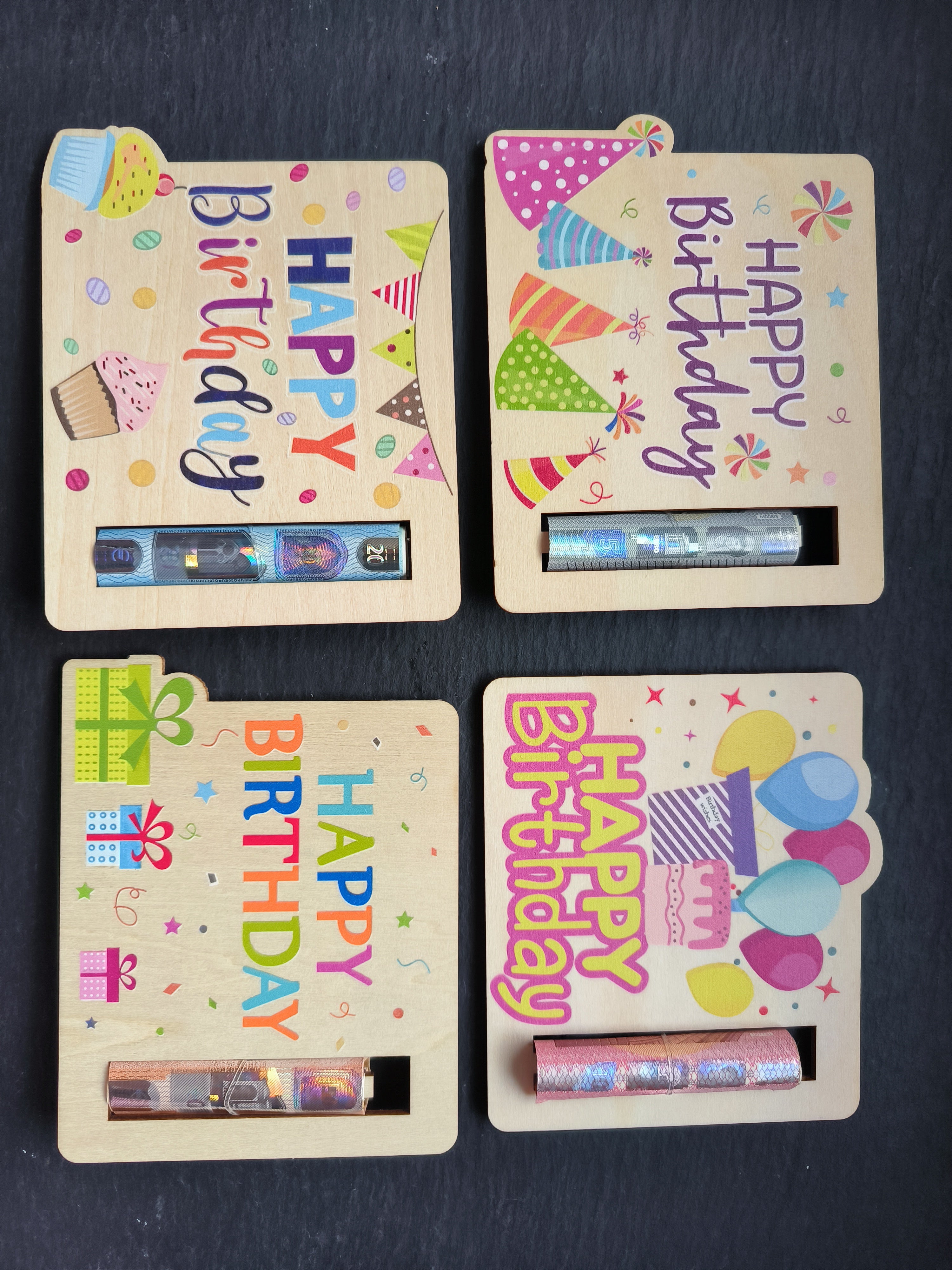 Happy Birthday Geldgeschenk aus Holz – Bunte Geburtstagskarte mit Geldscheinhalter | Kreative Geschenkidee zum Geburtstag