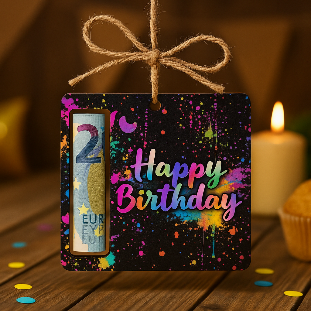 Geldgeschenk Happy Birthday aus Holz | Bunter Geschenkanhänger mit Geldscheinfach | Kreative Geburtstag Geschenkidee | Gutscheinhalter Geburtstag
