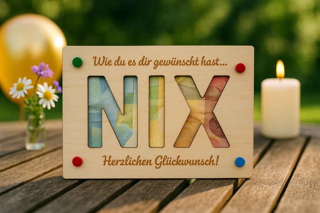 Geldgeschenk Holzschild NIX I Wunscherfüller l Geburtstag | Taufe l Hochzeit Kommunion Abitur l Nichts Geschenkkarte Holz Geschenkverpackung