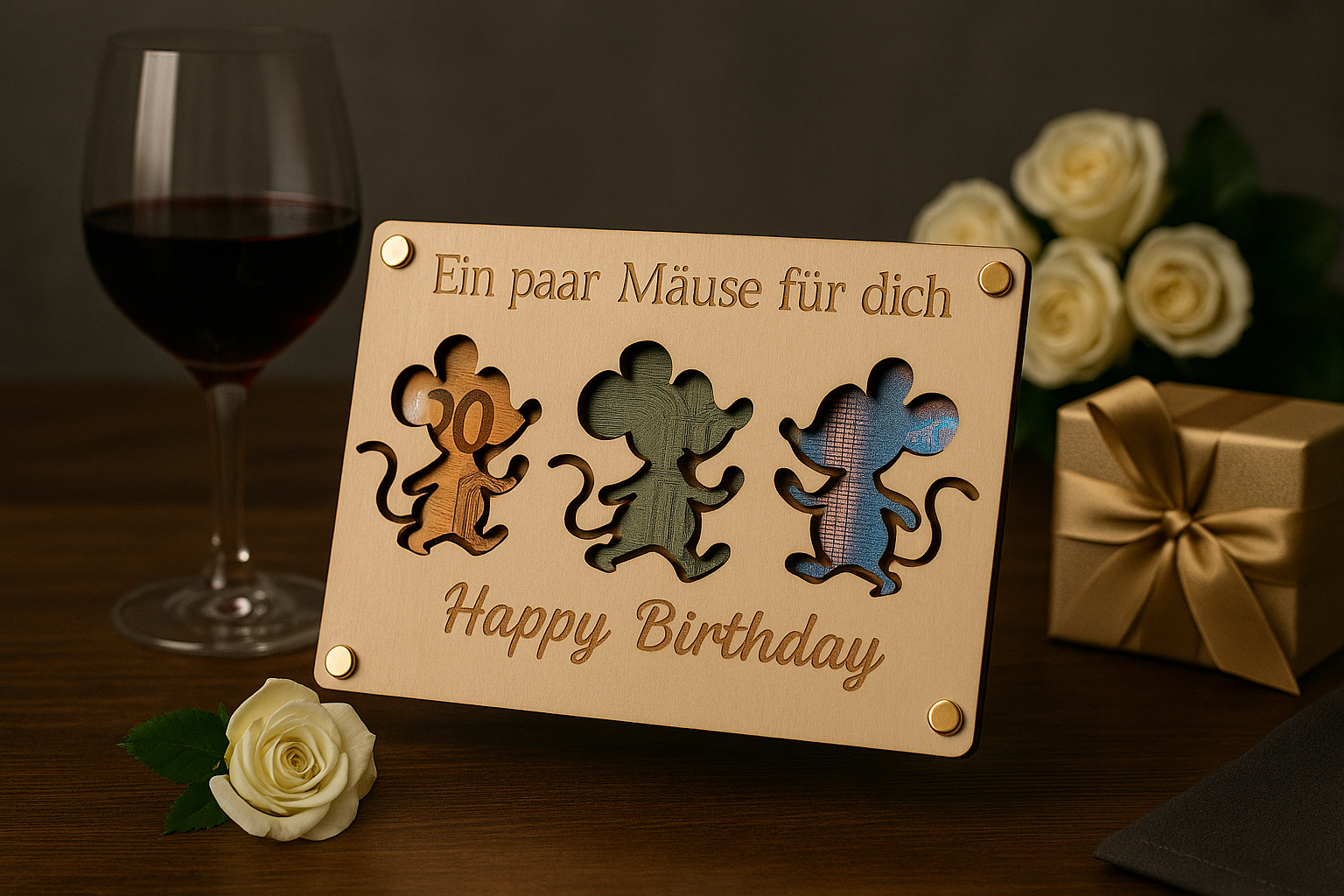 Geldgeschenk Holzschild MÄUSE I Wunscherfüller l Geburtstag | Happy Birthday l Geschenkkarte Holz Geschenkverpackung