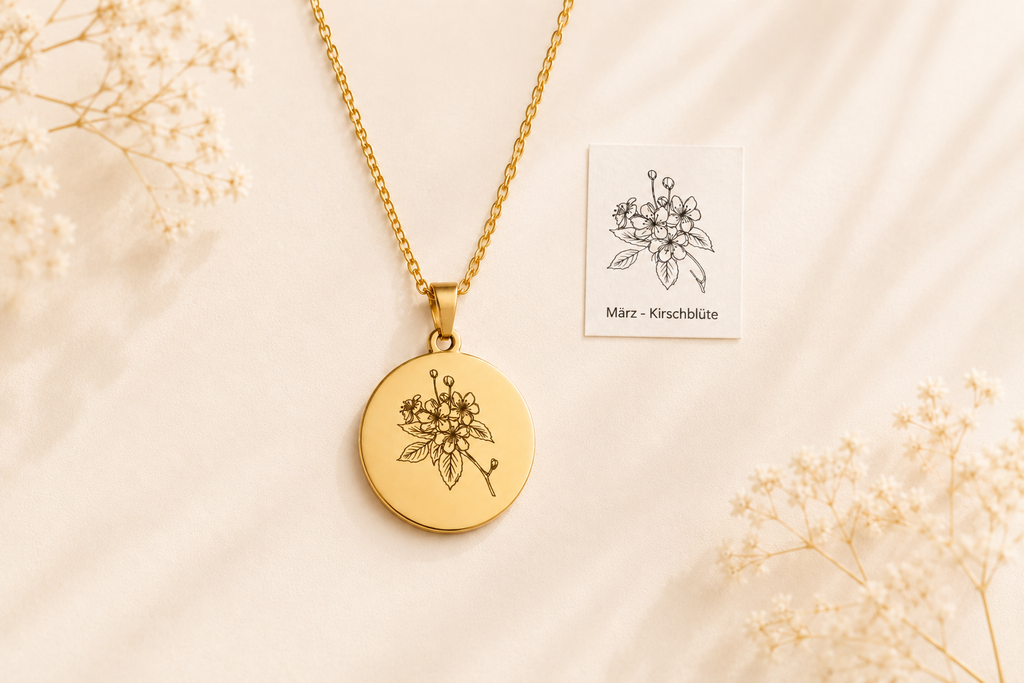 Geburtsblumen Anhänger rund 22mm personalisiert – Edelstahl (Silber/Gold/Roségold) | Geburtstag Geschenk