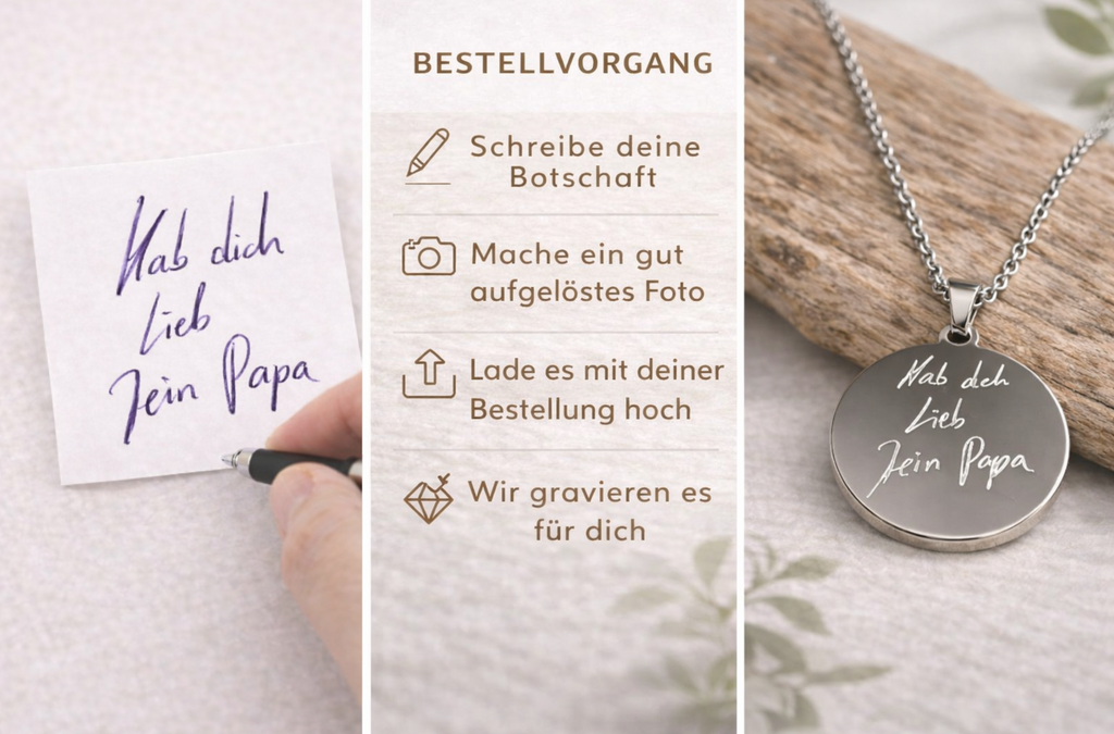 Halskette mit echter Handschrift | Schmuck mit gravierter Handschrift | Individueller Anhänger 22mm | Erinnerungskette | Gedenkkette