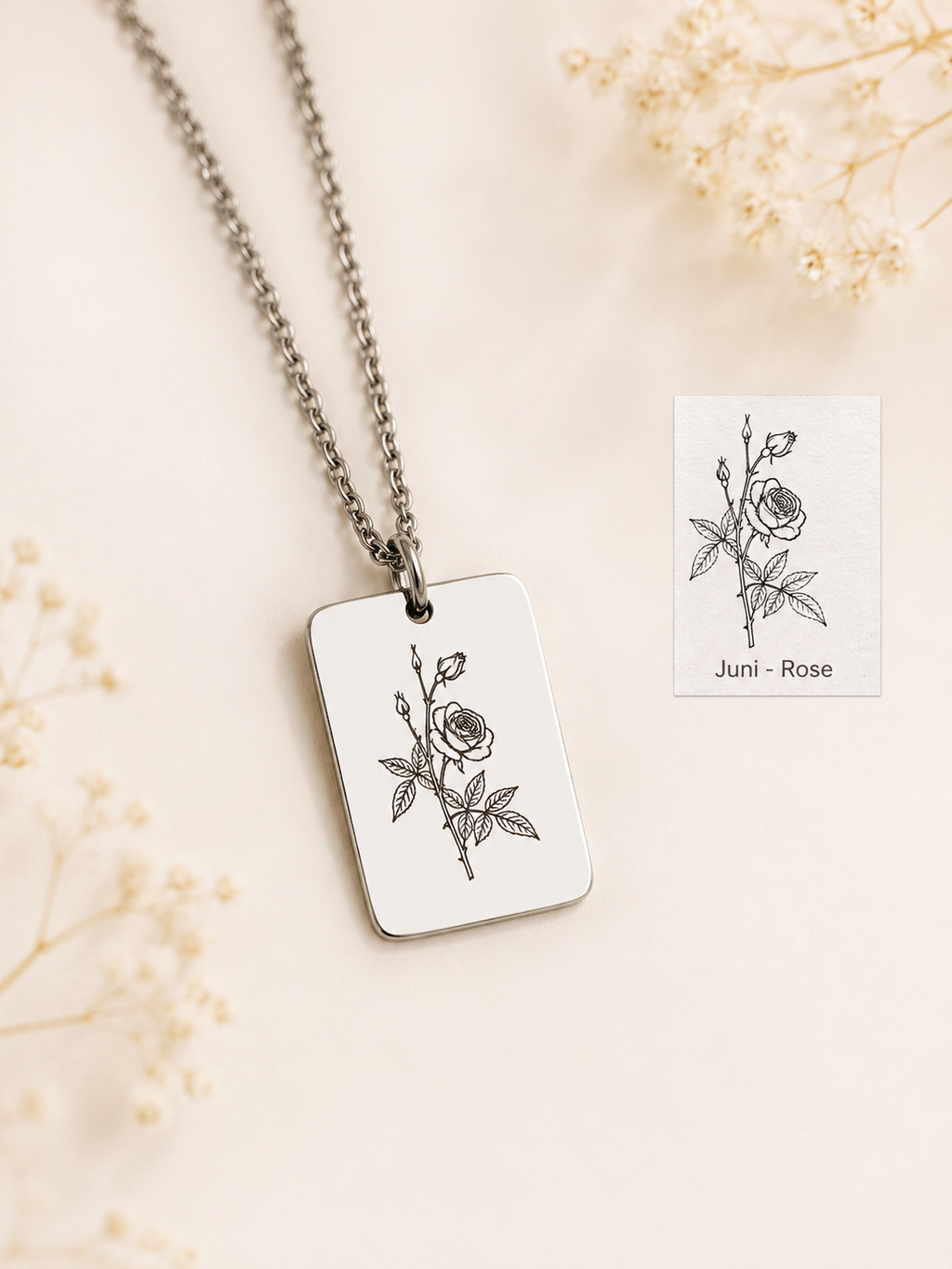 Geburtsblumen Anhänger rechteckig personalisiert – Edelstahl (Silber/Gold/Roségold) | Geburtstag Geschenk