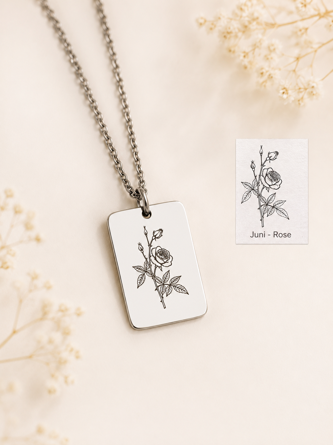 Geburtsblumen Anhänger rechteckig personalisiert – Edelstahl (Silber/Gold/Roségold) | Geburtstag Geschenk