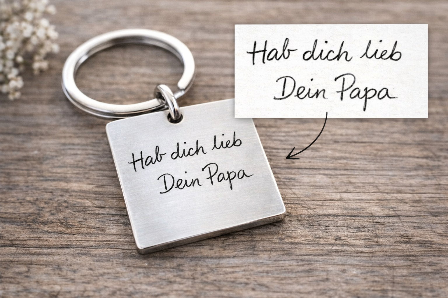Personalisierter Handschrift Schlüsselanhänger – Quadrat 40 mm | Edelstahl | Geschenk für Papa/Mama