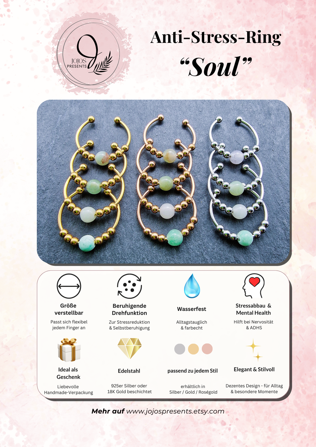 Spiritual Fidget Ring with Stone - Adjustable Stress Ring for Grounding & Inner Balance | Mother's Day Gift Idea | Soul