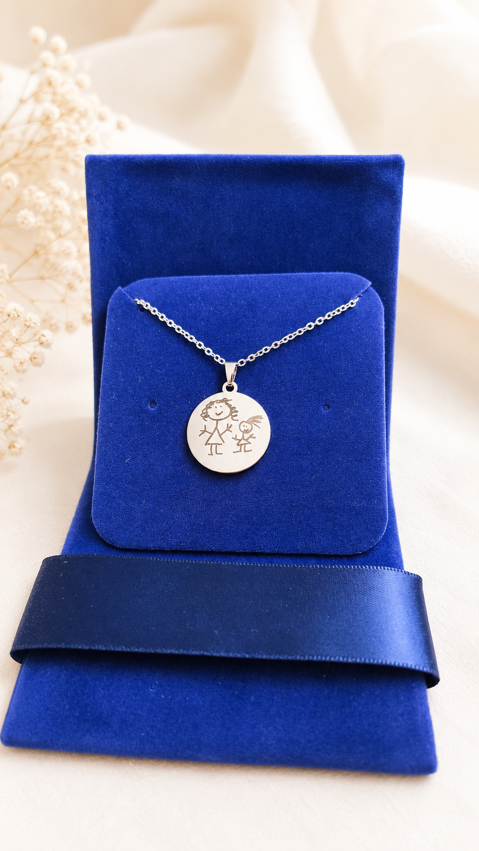 Children's Drawing Engraved Necklace Personalized – Round 22mm Coated Stainless Steel (Silver/Gold/Rose Gold) | Gift
