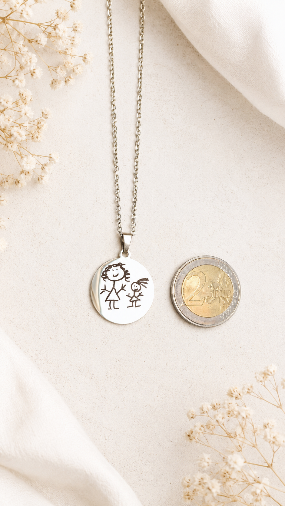 Children's Drawing Engraved Necklace Personalized – Round 22mm Coated Stainless Steel (Silver/Gold/Rose Gold) | Gift