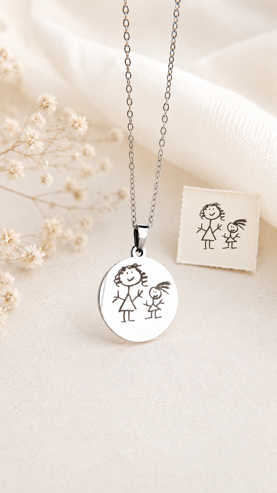 Children's Drawing Engraved Necklace Personalized – Round 22mm Coated Stainless Steel (Silver/Gold/Rose Gold) | Gift