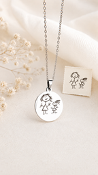 Children's Drawing Engraved Necklace Personalized – Round 22mm Coated Stainless Steel (Silver/Gold/Rose Gold) | Gift
