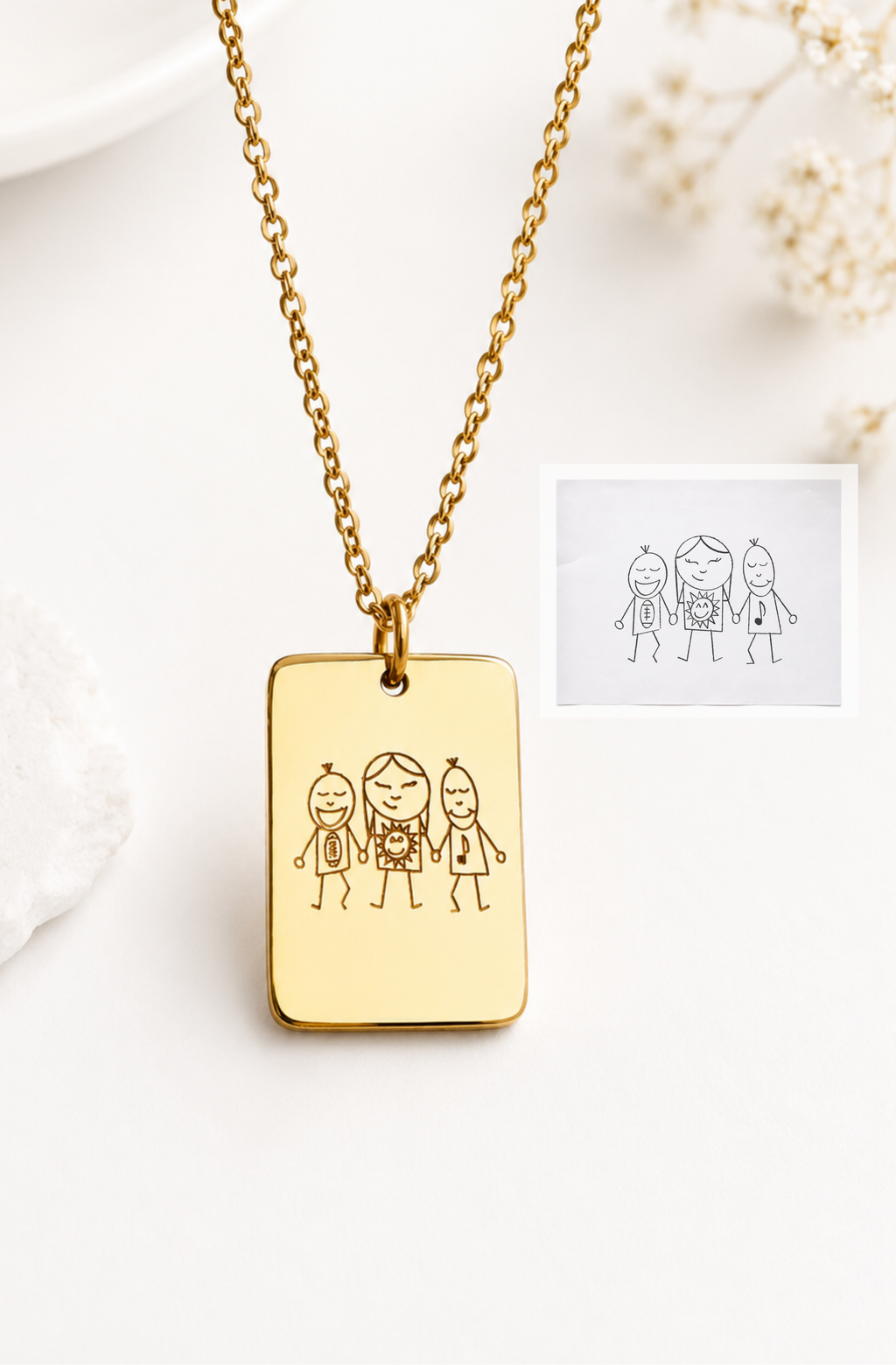 Collier Personnalisé Dessin d'Enfant – Gravure Dessin d'Enfant Cadeau pour Maman | Pendentif Personnalisé 15x22mm | Collier Souvenir