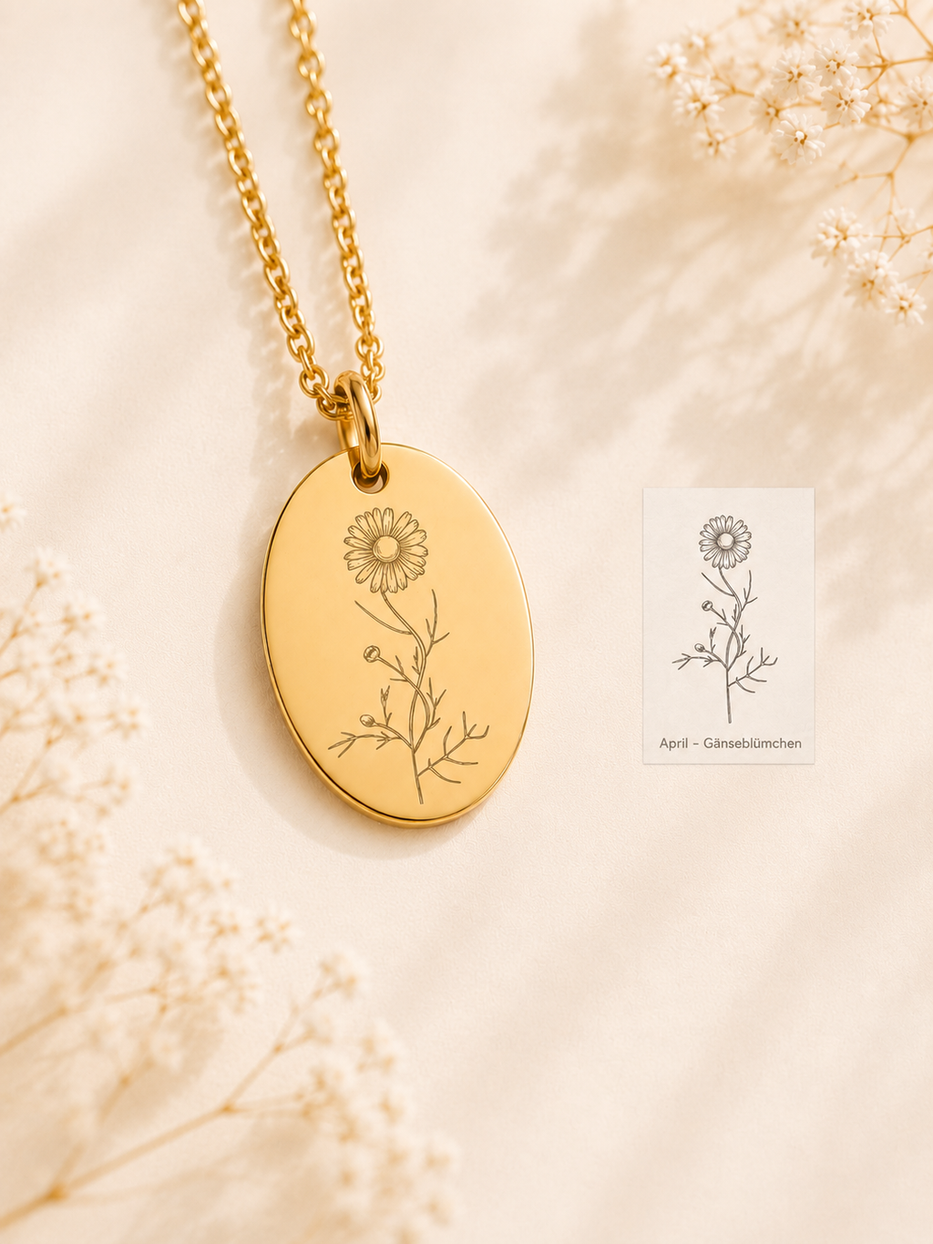 Geburtsblumen Anhänger Oval personalisiert – Edelstahl (Silber/Gold/Roségold) | Geburtstag Geschenk