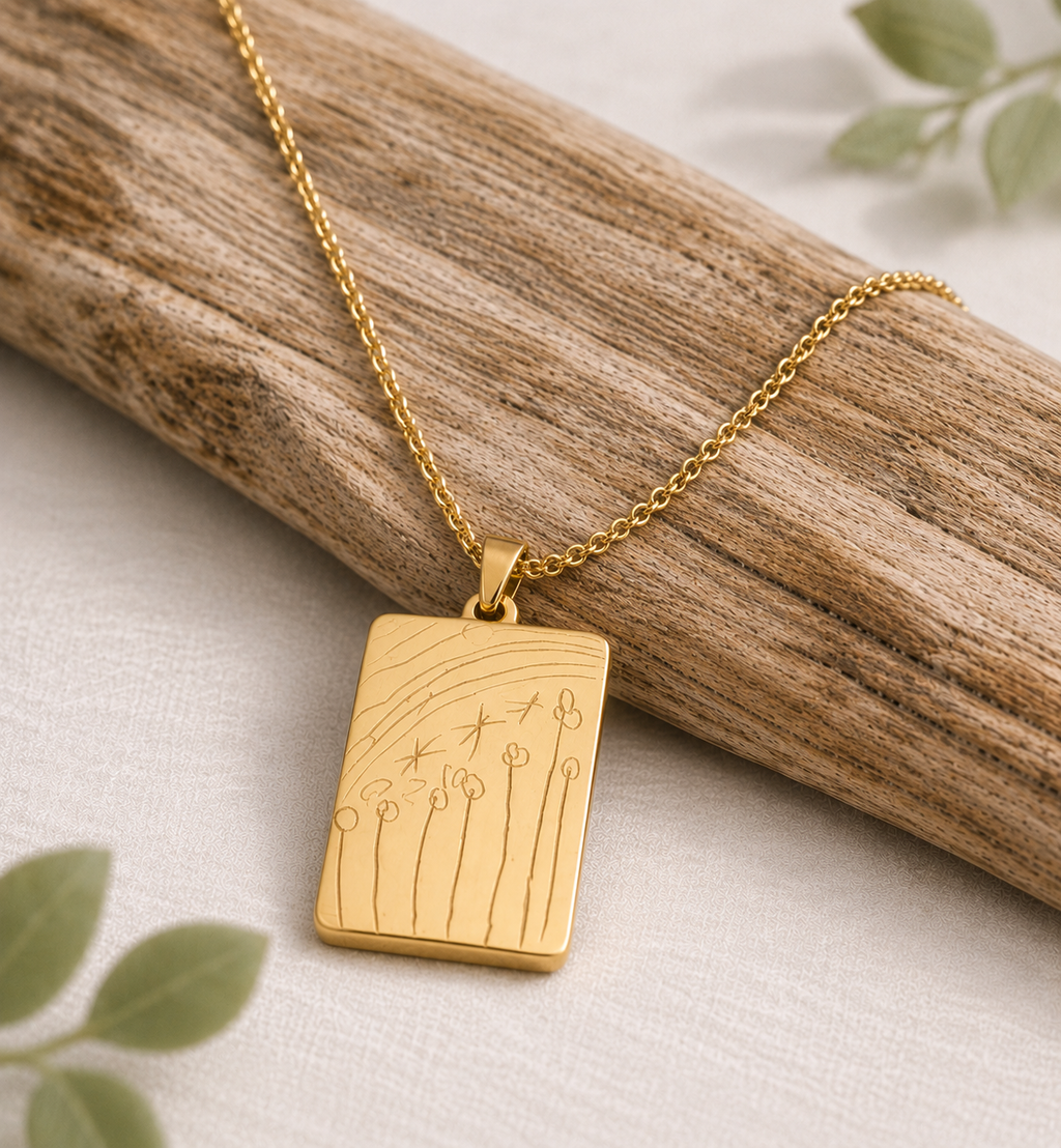 Collier Personnalisé Dessin d'Enfant – Gravure Dessin d'Enfant Cadeau pour Maman | Pendentif Personnalisé 15x22mm | Collier Souvenir