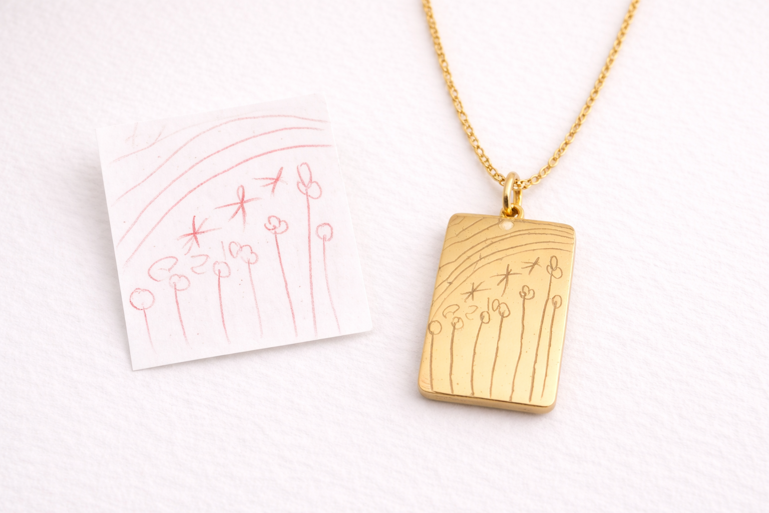 Personalized Necklace Child Drawing – Kinderzeichnung Gravur Kette Geschenk für Mama | Individueller Anhänger 15x22mm | Erinnerungskette