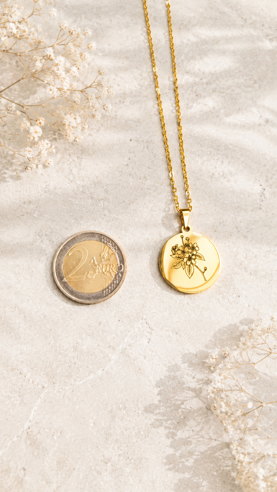 Geburtsblumen Anhänger rund 22mm personalisiert – Edelstahl (Silber/Gold/Roségold) | Geburtstag Geschenk