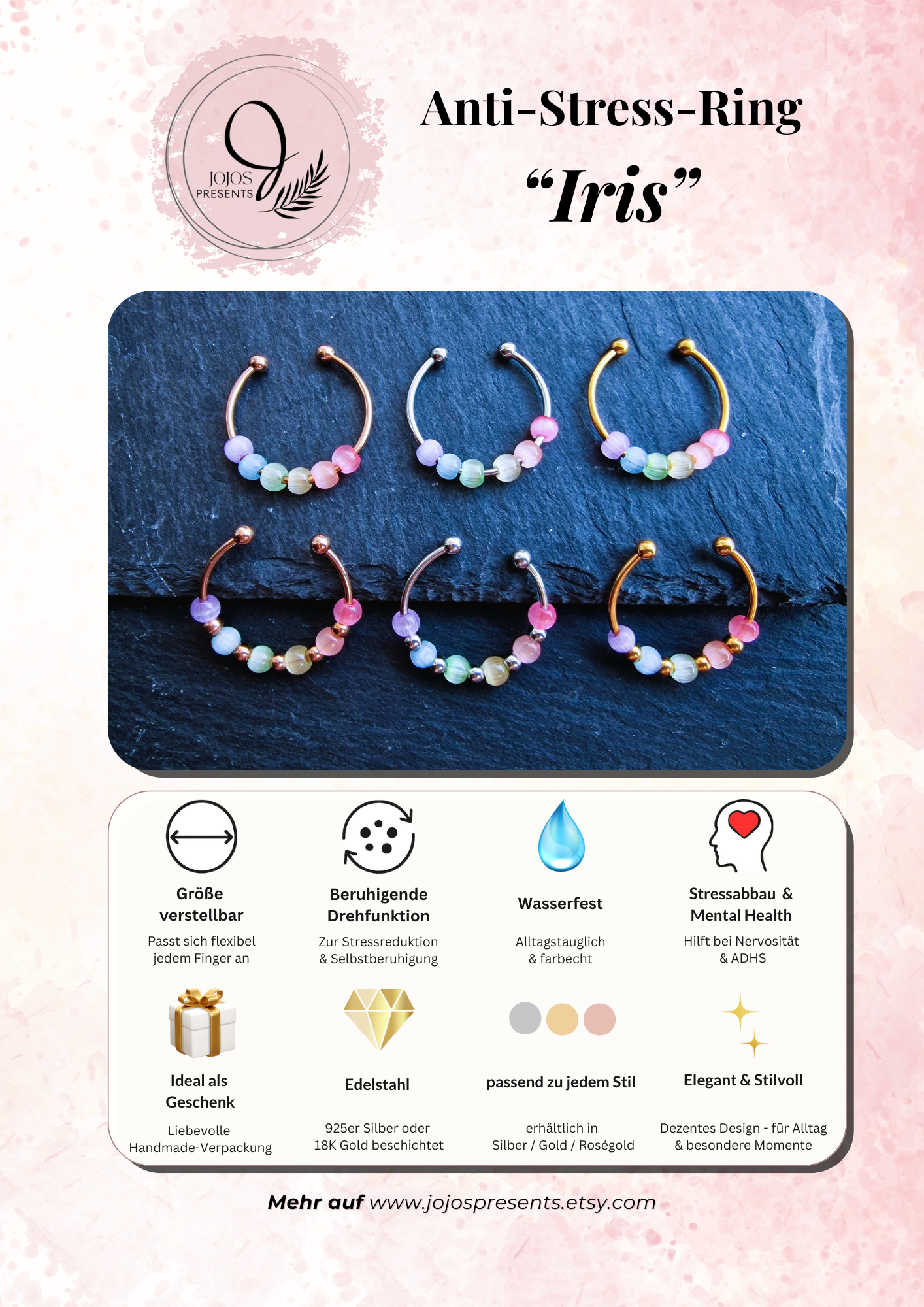 Anti-Stress-Ring „Iris“ • Regenbogen Glasperlen Ring • Verstellbarer Anxiety Ring • Farbenfroher Fidget Ring • Geschenkidee für Sie