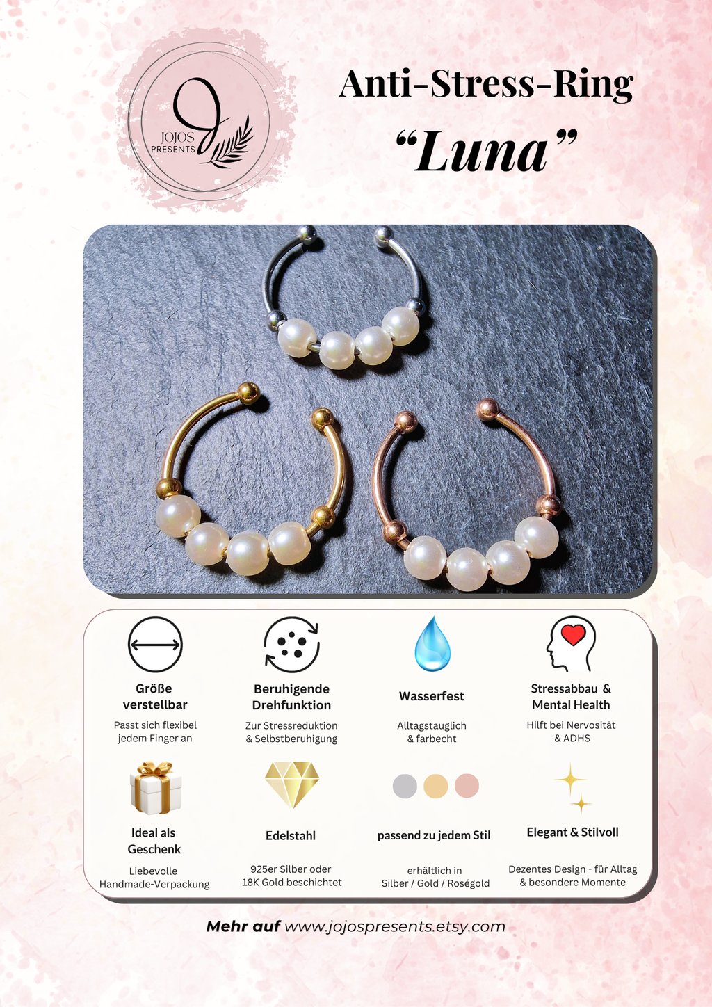 Anti-Stress Ring "Luna" • Adjustable Bead Ring for Women • Anxiety Ring • Gift Idea for Her • Relaxation Jewelry • Bridesmaids