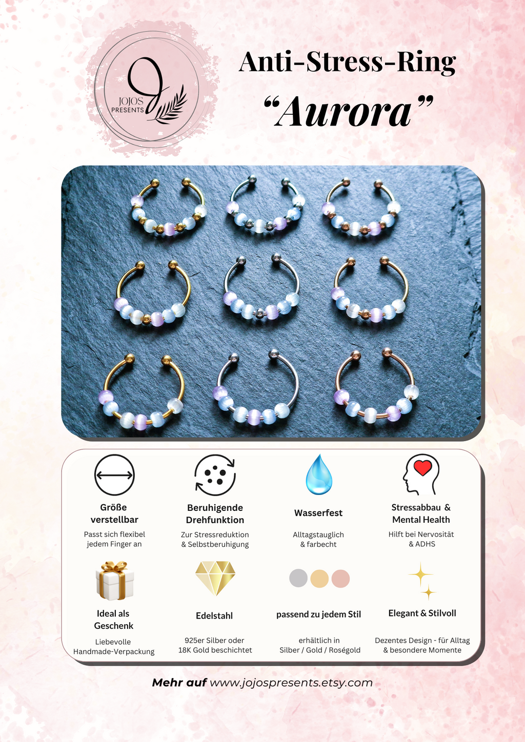 Bague anti-stress « Aurora » • Bague Fidget réglable pour femme • Bague d'anxiété • Perles en verre œil de chat • Idée cadeau pour elle • JoJos Presents