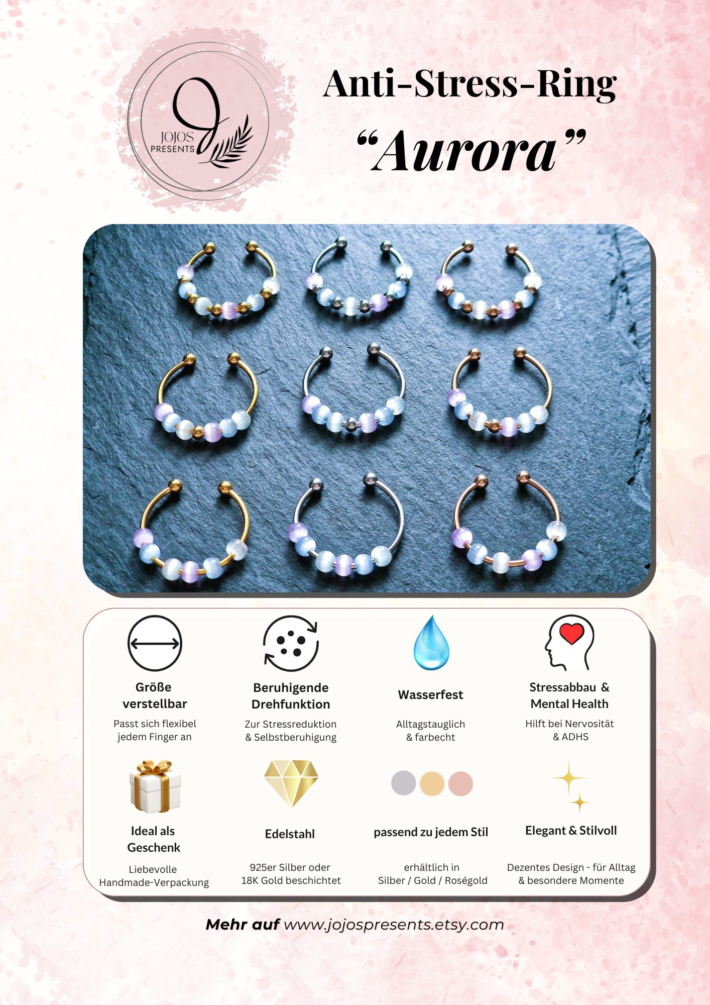 Bague anti-stress « Aurora » • Bague Fidget réglable pour femme • Bague d'anxiété • Perles en verre œil de chat • Idée cadeau pour elle • JoJos Presents