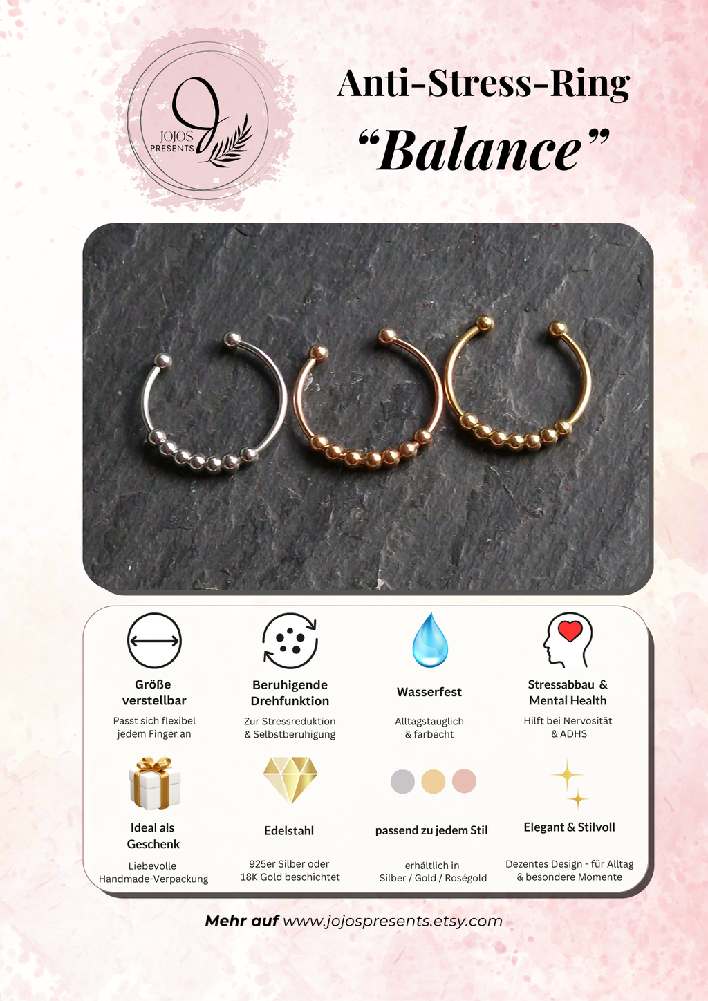 Anti-Stress Balance Ring • Anxiety Ring • Gift Idea for Her • JoJos Presents • Adjustable Mother's Day Gift