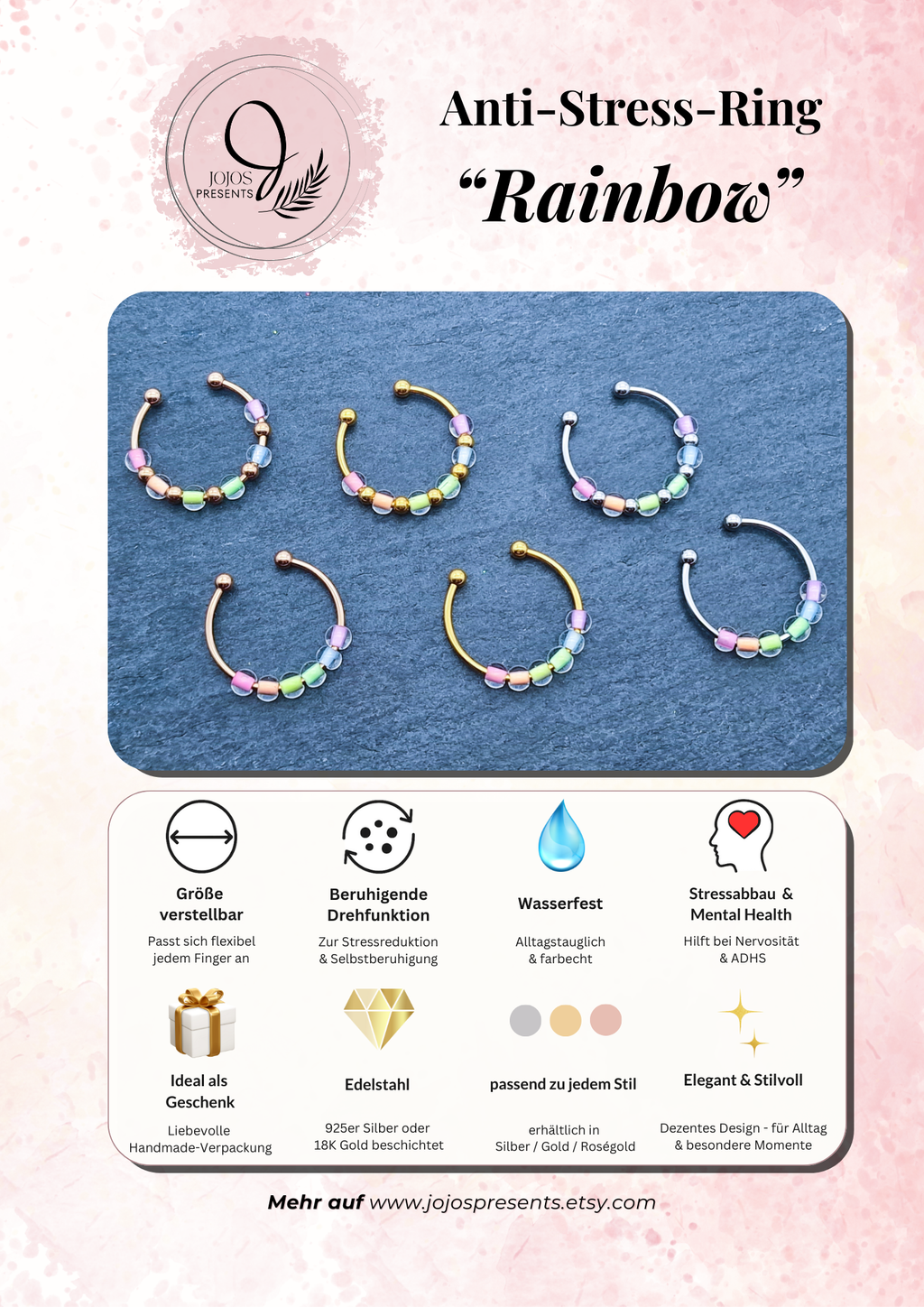 Anti-Stress-Ring "Rainbow" • LGBTQ Pride Ring • Regenbogen Ring • Verstellbarer Anxiety Ring • Farbenfroher Ring mit Glasperlen • Pride Month