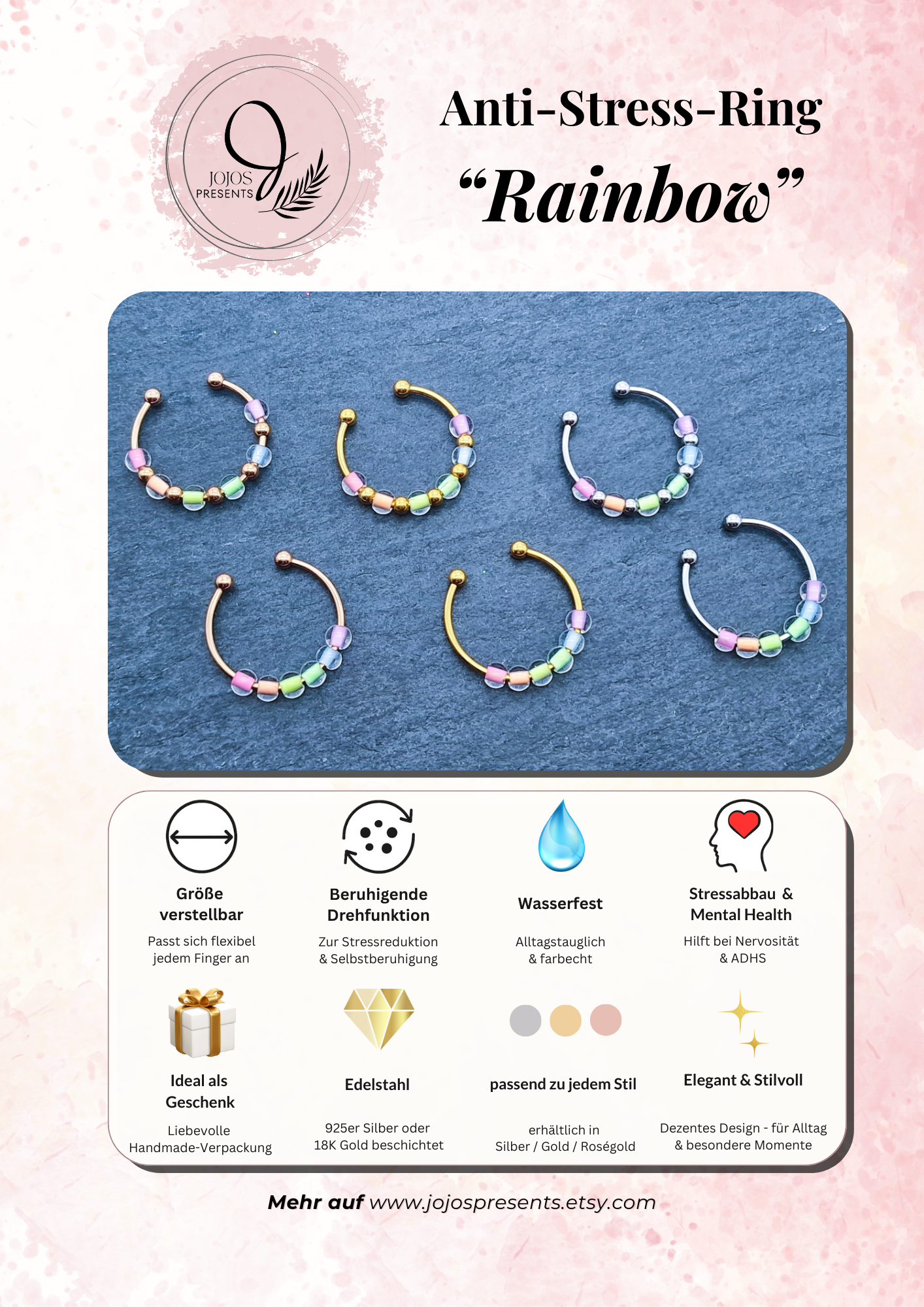 Anti-Stress-Ring "Rainbow" • LGBTQ Pride Ring • Regenbogen Ring • Verstellbarer Anxiety Ring • Farbenfroher Ring mit Glasperlen • Pride Month