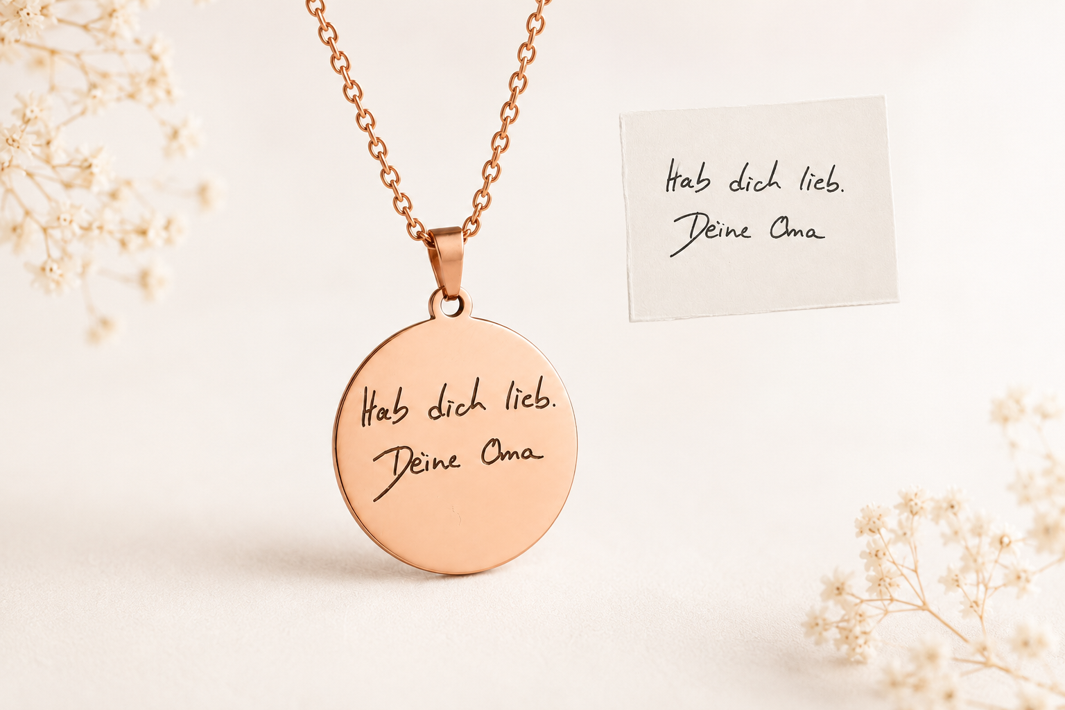 Halskette mit echter Handschrift | Schmuck mit gravierter Handschrift | Individueller Anhänger 22mm | Erinnerungskette | Gedenkkette