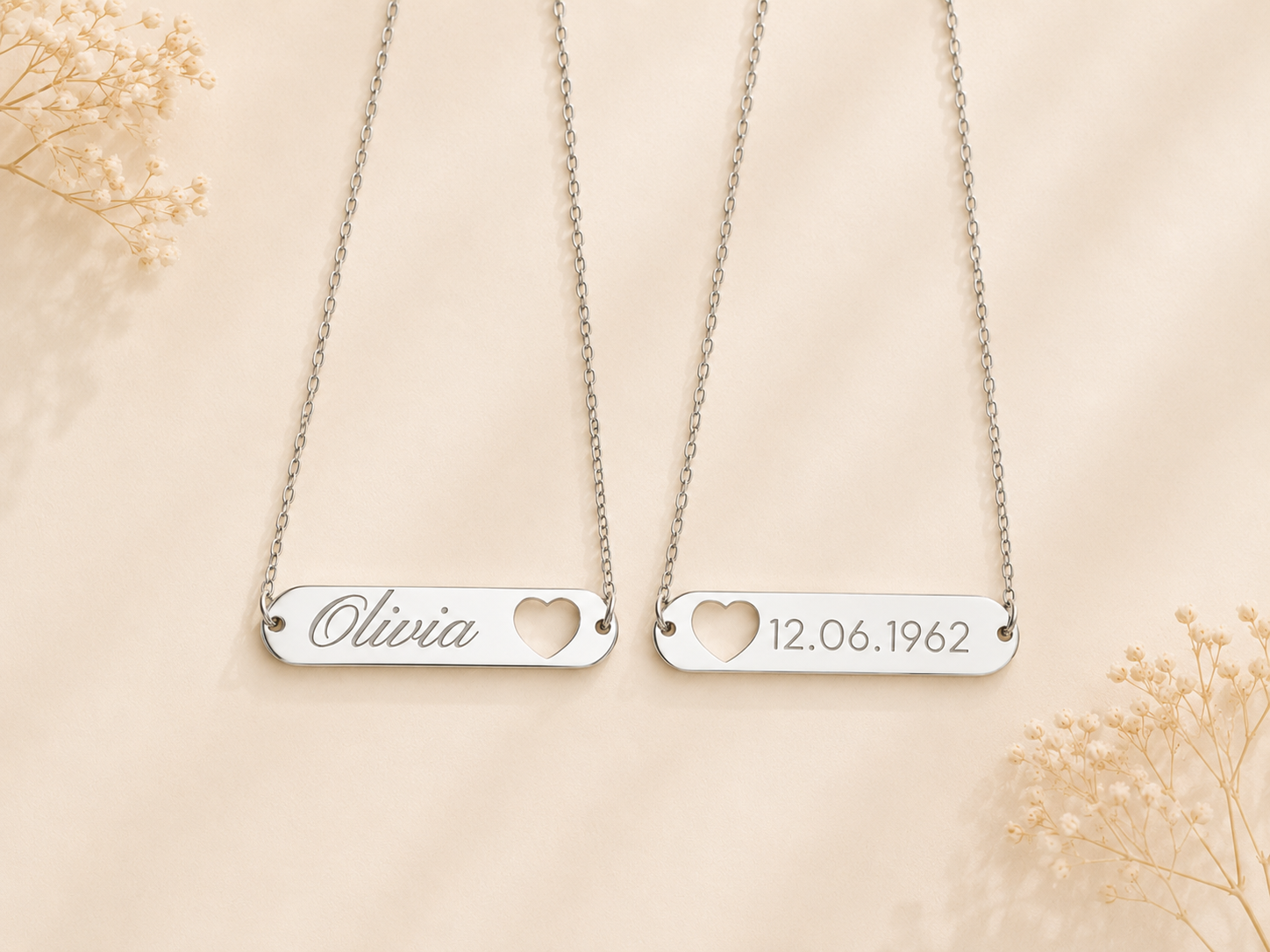 Herz Bar Kette personalisiert – Name oder Datum Gravur | Edelstahl (Silber/Gold) | Minimalistische Namenskette Geschenk
