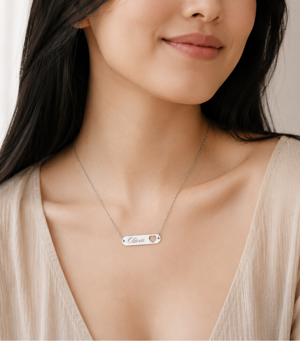 Herz Bar Kette personalisiert – Name oder Datum Gravur | Edelstahl (Silber/Gold) | Minimalistische Namenskette Geschenk