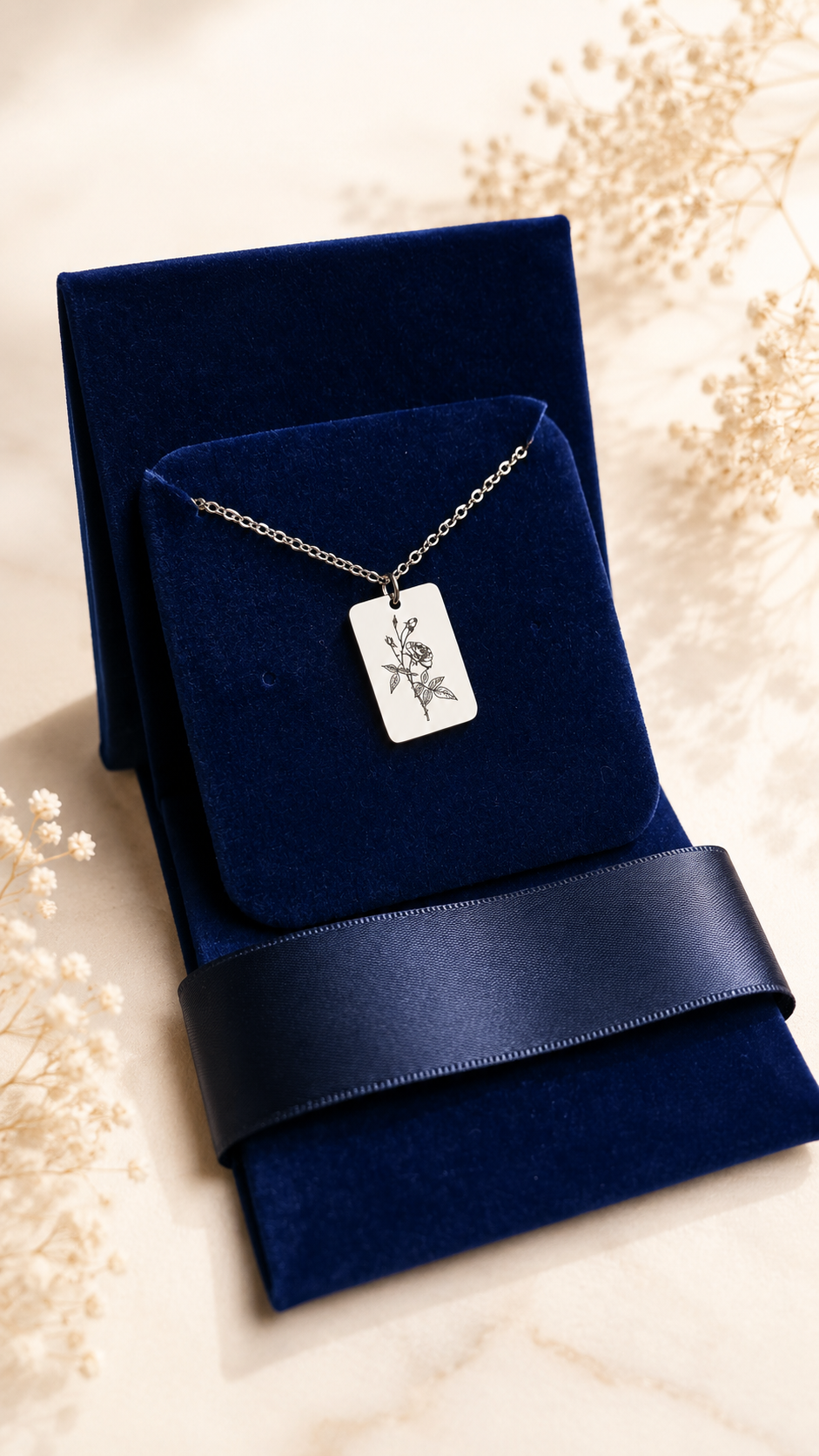 Geburtsblumen Anhänger rechteckig personalisiert – Edelstahl (Silber/Gold/Roségold) | Geburtstag Geschenk